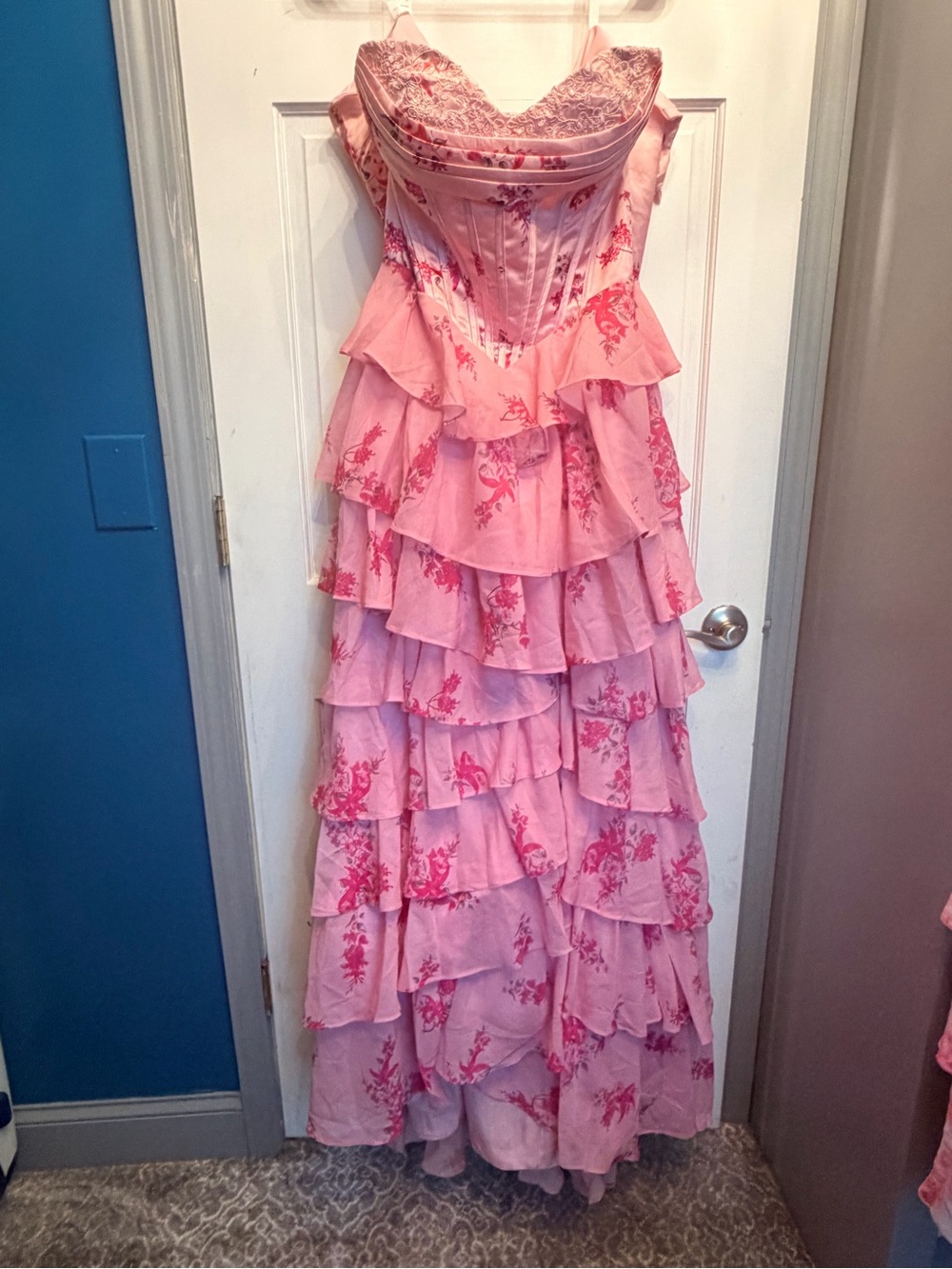 Pink Tiered Ruffle Floral Corset Gown